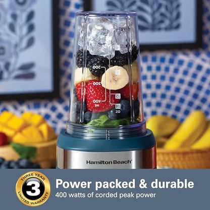 Hamilton Beach Personal Blender for Smoothies With 2 BPA-Free 14 oz. Travel Blender Jars and Lids, Powerful 400 Watt Motor, Stainless Steel Blades, Kitchen Makeover Blue (51202J)