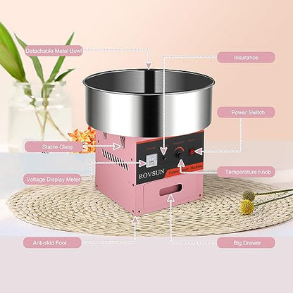 ROVSUN 21 Inch Cotton Candy Machine Commercial, Candy Floss Maker Electric Cotton Candy Maker w/Stainless Steel Bowl, Sugar Scoop and Large Storage Drawer for Home Party Carnival