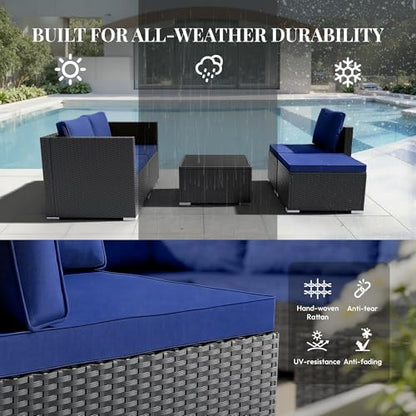 WWR Patio Furniture Set 5 Piece - Wide Armrests - All-Weather Wicker Rattan Outdoor Patio Conversation Couch Sets, Modular Sectional Sofa for Garden, Patio, Poolside, Backyard, Balcony, Porch