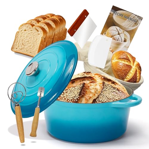 5QT Enameled Cast Iron Dutch Oven for Bread Baking with Lid, Sourdough Baking Supplies with Proofing Basket, Bread Making Tools Set, Heavy-Duty Cookware for Braising, Stews, Roasting (Teal)