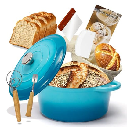 5QT Enameled Cast Iron Dutch Oven for Bread Baking with Lid, Sourdough Baking Supplies with Proofing Basket, Bread Making Tools Set, Heavy-Duty Cookware for Braising, Stews, Roasting (Teal)