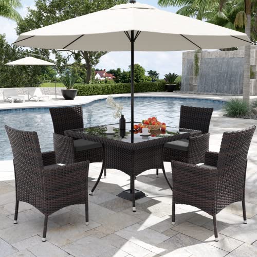 Kurapika 15-Piece Patio Furniture Outdoor Dining Set, Wicker Rattan Patio Dining Table and Chairs Set, Square Tempered Glass Tabletop with Umbrella Hole and 12 Chair Set, Grey