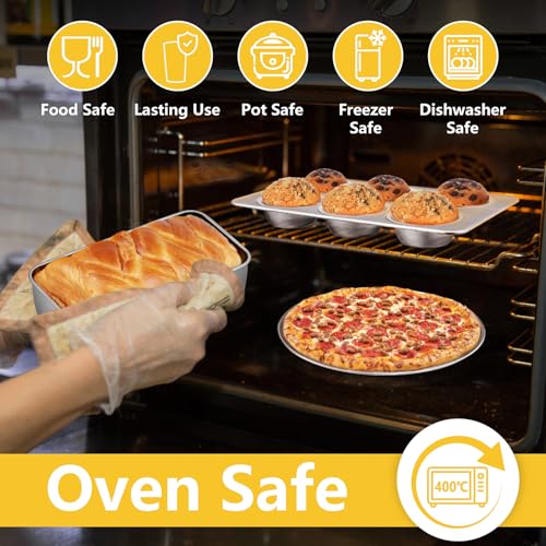 9 Pcs Bakeware Set, P&P CHEF Stainless Steel Kitchen Bakeware Pans, Including Toaster Oven Pan/Cooling Rack/Lasagna Pan/Round Cake Pans/Muffin/Loaf/Pizza Pan, Healthy & Durable, Dishwasher Safe