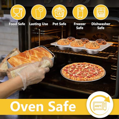 9 Pcs Bakeware Set, P&P CHEF Stainless Steel Kitchen Bakeware Pans, Including Toaster Oven Pan/Cooling Rack/Lasagna Pan/Round Cake Pans/Muffin/Loaf/Pizza Pan, Healthy & Durable, Dishwasher Safe