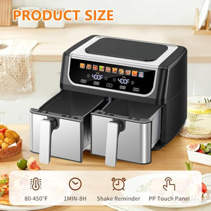 DUMOS 9.5 Quart Dual Basket Air Fryer, 10-in-1 Large Airfryer