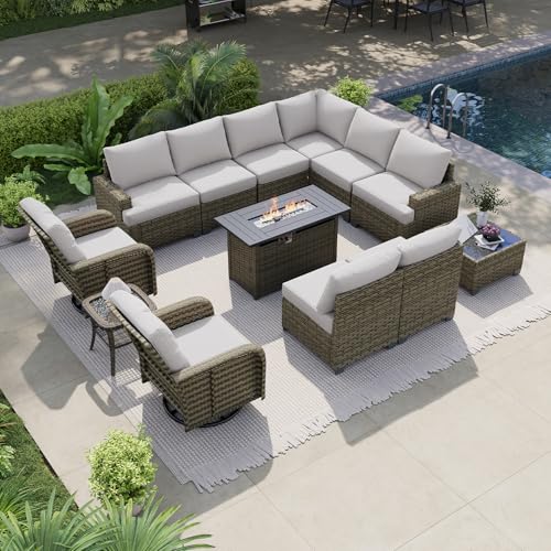 LazySunsets Luxury 13 Piece Patio Furniture Set with Fire Pit Table, Grey