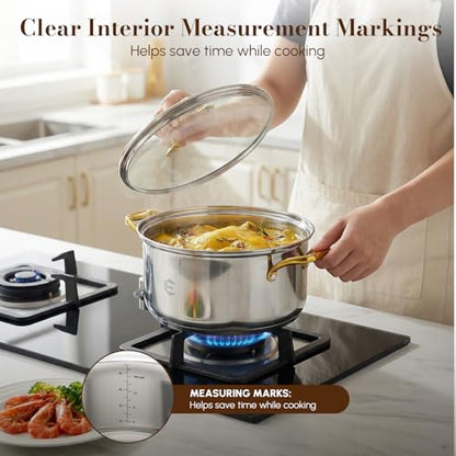 Stainless Steel Cookware Set, Tri-Ply Pots and Pans Set, 26 Piece Kitchen Cooking Utensils Set with Lids, Gold Grip Handles, Induction, Oven, Non-Toxic, Dishwasher Safe, Professional Chef Quality