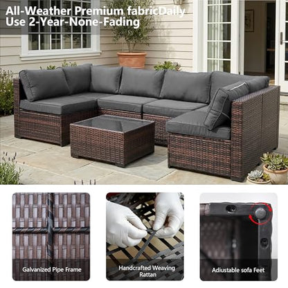 Decksplore 7 Piece Patio Furniture Set, Modular All-Weather PE Rattan Wicker Outdoor Sectional Sofa Conversation Set with Tempered Glass Coffee Table, 4.3" Thick Cushions & Furniture Cover, Grey