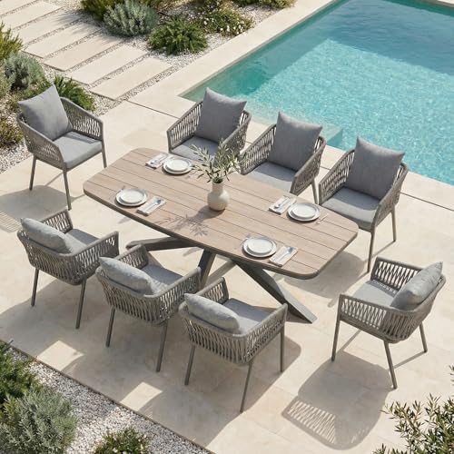 SUNSITT 9 Piece Outdoor Patio Dining Set, Patio Dining Furniture Set with 87” Aluminum Dining Table w/X Base Legs and 8 Woven Rope Outdoor Patio Chairs w/Curved Armrest for Garden, Dark Grey