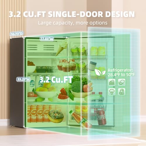 Frestec 3.2 Cu. Ft. Mini Fridge with Freezer Small Refrigerator, Mini fridge for Bedroom, Dorm, Single Door, Energy Saving, Low Noise, Mini Fridge for Office (Grey)