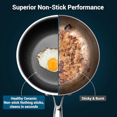 Legacy Culinaryware 10 Inch Tri-Ply Stainless Steel Hybrid Frying Pan with Lid - Ceramic Nonstick Skillet, Induction & Oven Safe 600°F, PFAS/PFOA Free Professional Clad Cookware