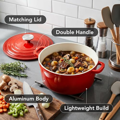 OVENTE Dutch Oven Pot with Lid, 4.6 Quart Aluminum Non-Stick Coated Cookware for Sourdough Bread Baking, Braising, Cooking Soups and More, Oven and Dishwasher Safe, Works on All Stovetops, Red DOA546R