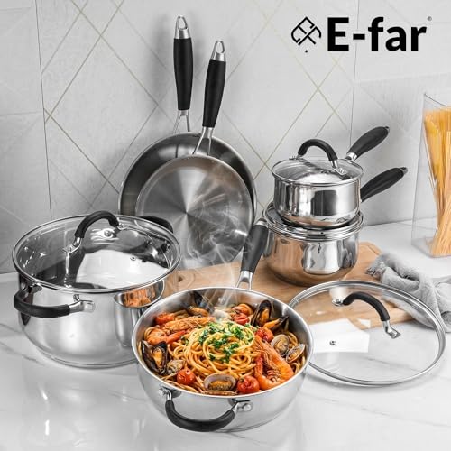 E-far 10-Piece Stainless Steel Cookware Set - Induction Tri-Ply Base Pots and Pans, Non-Toxic Kitchen Cooking Set w/Stay-Cool Handle, Frying Pans, Saucepans, Stockpot with lid, Oven & Dishwasher Safe