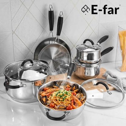 E-far 10-Piece Stainless Steel Cookware Set - Induction Tri-Ply Base Pots and Pans, Non-Toxic Kitchen Cooking Set w/Stay-Cool Handle, Frying Pans, Saucepans, Stockpot with lid, Oven & Dishwasher Safe