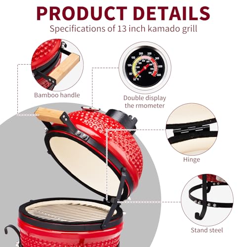 Outvita 13" Round Kamado Charcoal Grill, Portable Ceramic Barbecue Grill with Thermometer for Variations on Cooking Methods(Red)