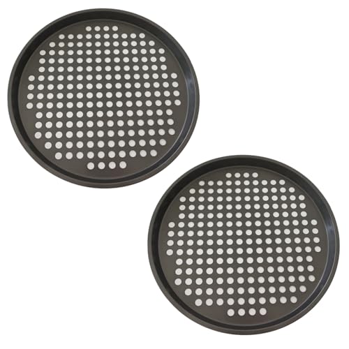 LoveDeal 11Inch Pizza Pans with Holes, Nonstick Round Pizza Trays for Toaster Oven, Carbon Steel Pizza Baking Pan Set for Fresh & Frozen Pizza, Vented Pizza Dish - 2PCS, Black