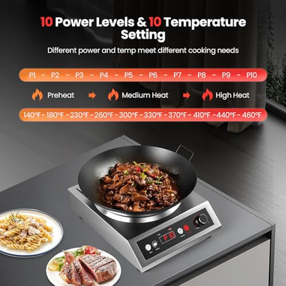 VEXMAECY 1800W Electric Wok Used For Home And Commercial,Induction Wok With Concave Surface Stainless Steel Strong Power Dual Control Mode 10 Power And Temp 24H Timer Induction Cooktop For Cooking