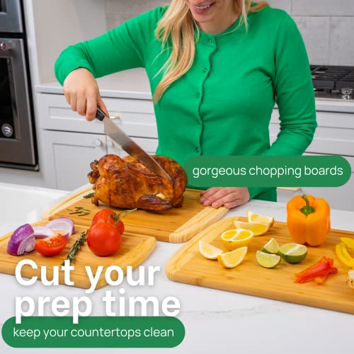 GREENER CHEF Organic Bamboo Cutting Board Set of 3 with Lifetime Replacements - Wood Cutting Board Set with Juice Groove - Wooden Chopping Board Set for Kitchen, Meat, Vegetables and Cheese