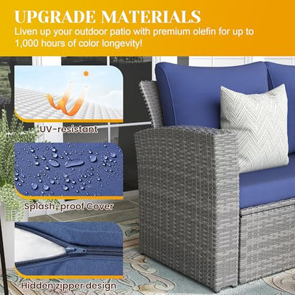 FansaFurn 4-Piece Outdoor Patio Furniture Set, All Weather Wicker Rattan Sectional Sofa Conversation Seating Set with Cushions & Large Glass Coffee Table, Ideal for Garden Backyard Porch, Blue