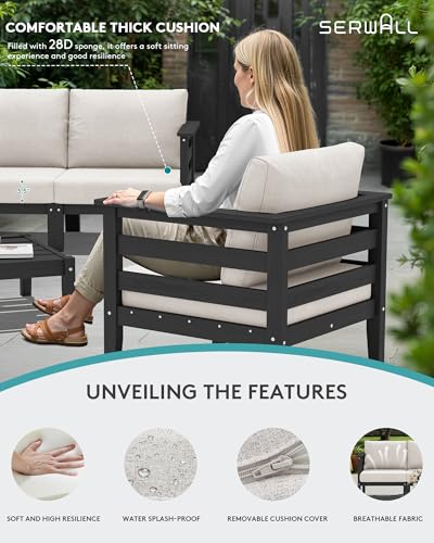 SERWALL HDPE Patio Furniture Set, 6 Pieces Outdoor Sectional Sofa Set