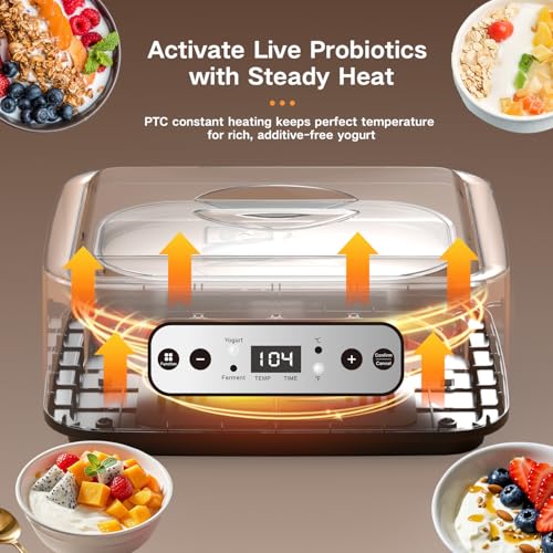 Hofenta 1.7 Quart Yogurt Maker with Stainless Steel Bowl, 9 Glass Jars, Digital Timer, Temperature Control, BPA-Free, Easy-to-Use, Family-Sized for Homemade Probiotic Yogurt, Dishwasher Safe