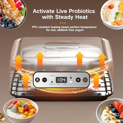 Hofenta 1.7 Quart Yogurt Maker with Stainless Steel Bowl, 9 Glass Jars, Digital Timer, Temperature Control, BPA-Free, Easy-to-Use, Family-Sized for Homemade Probiotic Yogurt, Dishwasher Safe