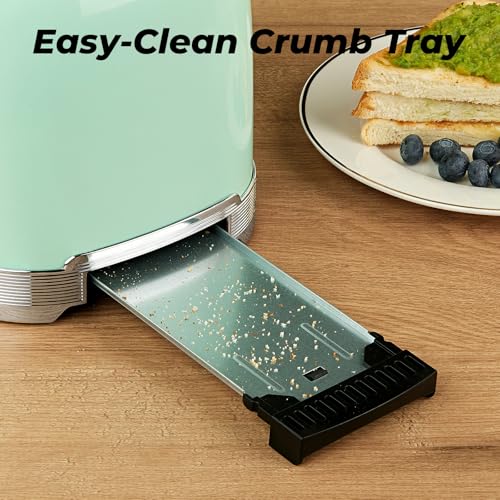 Culinaid Toaster 2 Slice Retro Stainless Steel with 1.5” Extra Wide Slots Bagel, Defrost, Reheat, Cancel Functions, 6 Bread Shade Settings, Removable Crumb Tray, Aqua Green