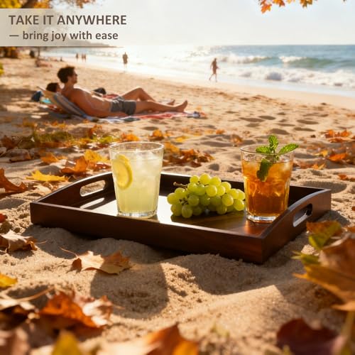 Bamboo Serving Tray with Handles, Set of 2 Wood Serving Trays for Food & Coffee, Elegant Wooden Tray for Breakfast in Bed, Kitchen & Party & Entertaining - Black Walnut Finish