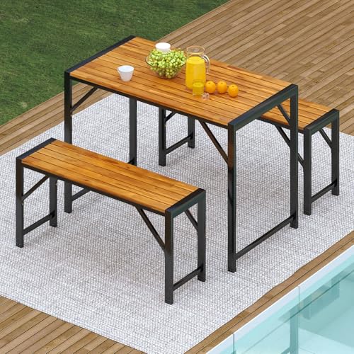 Tangkula 3-Pieces Patio Dining Set for 4 People, Outdoor Picnic Table & 2 Benches, 44" Acacia Wood Dining Table w/Metal Frame, Space-Saving Dinette Set for Garden Porch Poolside Yard Balcony