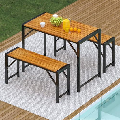 Tangkula 3-Pieces Patio Dining Set for 4 People, Outdoor Picnic Table & 2 Benches, 44" Acacia Wood Dining Table w/Metal Frame, Space-Saving Dinette Set for Garden Porch Poolside Yard Balcony