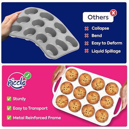 RICCLE Silicone Muffin Pans for Baking with Metal Reinforced Frame, 12-Cup Cupcake Pan, 2 Pcs Muffin Trays for Cupcake Baking, Tray Molds, Oven & Dishwasher Safe, BPA-Free (2 x Regular)