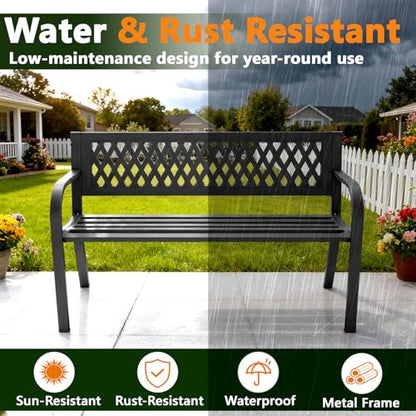 MAKE CHANGES Outdoor Bench, Garden Patio Park Entryway Metal Bench with Comfortable Backrest, Sturdy Heavy Duty Loveseat Front Porch Backyard Lawn Furniture for Outside