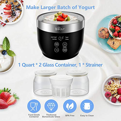 Bear Yogurt Maker, Greek Yogurt Maker Machine with Strainer and Timer Control, Stainless Steel Inner Pot, Automatic Digital with 2 Glass Jars 1 Quart for Home Organic Yogurt, Cheese, Fruit Wine