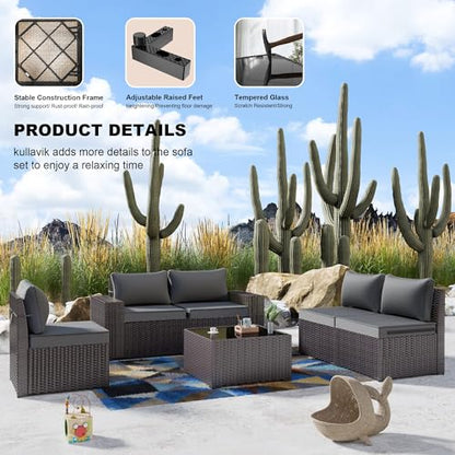 Kullavik 6PCS Outdoor Patio Furniture Set PE Wicker Rattan Sectional Sofa Patio Conversation Sets,Grey