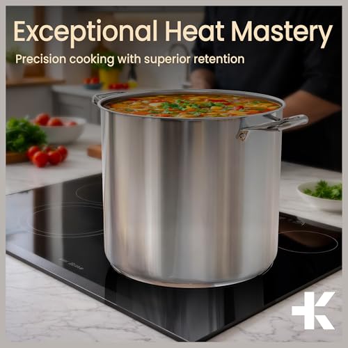 Stainless Steel Stockpot with Tempered Glass Lid 24 Quart, Durable 18/0 Stainless Steel, Impact-Bonded Base for Even Heating, Riveted Handles, Oven & All Stove Compatible, Safe Up To 500°F (260°C)