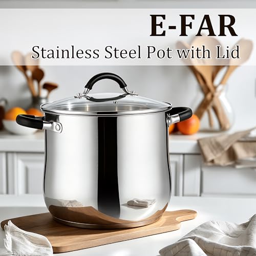 E-far 10 Quart Stock Pot, Stainless Steel Pot for Cooking Soup Simmering Stew, Tall Induction Pot with Visible Lid, Large Pot w/Tri-Ply Base & Dual Heat Proof Handles, Non-Toxic & Dishwasher Safe