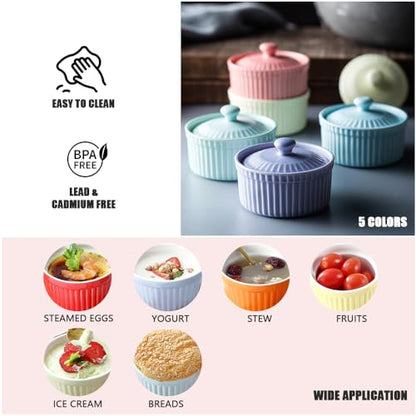 Meltset 5.5 Oz Ramekins with Lids Oven Safe Ceramics Ramekin Bowls for Baking, Porcelain Bake Dishes for Souffle, Creme Brulee, Lava Cake, Ice Cream Desserts, Snacks (Set of 5）