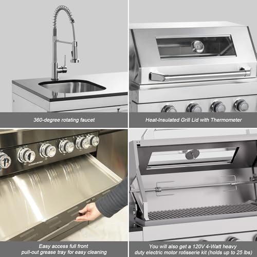 98.4 Inch Outdoor Kitchen Island, 72000 BTU Modular Propane Gas Grill Combination With Refrigerator and Sink, Outdoor Stainless Steel Barbecue Bar, Propane Grill for Patios, Gardens, Parties