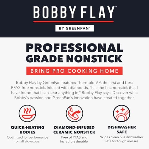 GreenPan x Bobby Flay 4.5QT Nonstick Saute Pan with Glass Lid, PFAS-Free Diamond Ceramic, Induction Suitable, Stay-Cool Silicone Handle, Easy Clean Dishwasher & Oven Safe, Cream