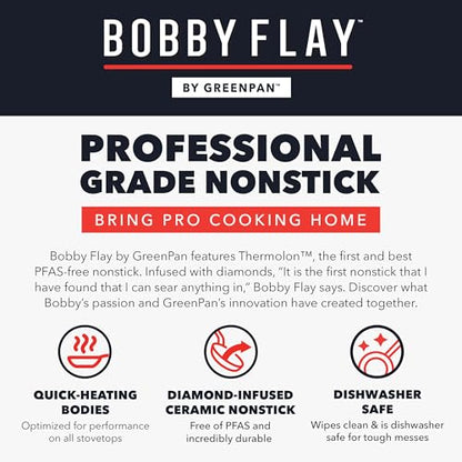 GreenPan x Bobby Flay 4.5QT Nonstick Saute Pan with Glass Lid, PFAS-Free Diamond Ceramic, Induction Suitable, Stay-Cool Silicone Handle, Easy Clean Dishwasher & Oven Safe, Cream