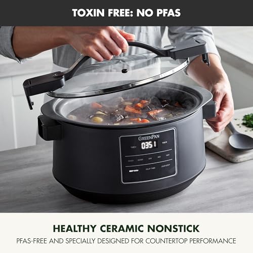 GreenPan 8QT Locking Lid Slow Cooker, Ceramic Nonstick PFAS-Free Removeable Bowl, Silicone & Glass Rim, Travel Friendly, Multi-Cooker, Stovetop Searing & Oven Safe 400°F Dishwasher Safe Parts,Graphite