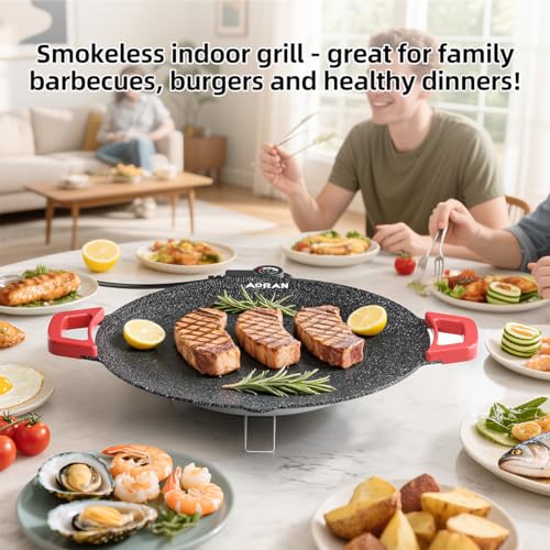 AORAN Indoor Grill Electric Smokeless Set – Nonstick Electric Griddle for Indoor Use, Compact & Versatile Cooking for Steaks, Pancakes & BBQ, Includes Silicone Spatula, Oil Brush & Food Tongs