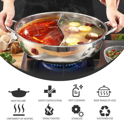 Stainless Steel Divided Hot Pot - 11 Inch Shabu Shabu Hot Pot Fondue 304 Food-Grade with Leakproof Divider
