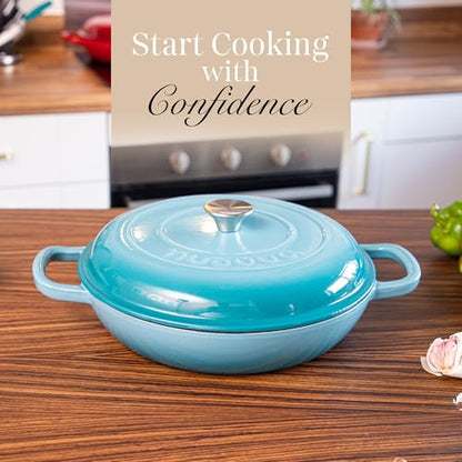 Shallow Cast Iron Casserole with Lid – Non Stick Dutch Oven Pot, Oven Safe up to 500° F – Sturdy Ovenproof Stockpot Cookware – Enamelled Cooking Pot – Blue, 5-Quart, 32cm – by Nuovva