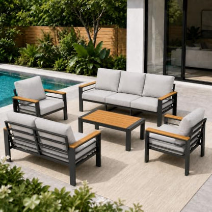 Relax Tree Aluminum Outdoor Patio Furniture, 5 Piece 7-Seat Conversation Set with 2 Chairs, Loveseat, 3-Seat Sofa and Coffee Table, Thick Cushions, Waterproof Covers, Gray