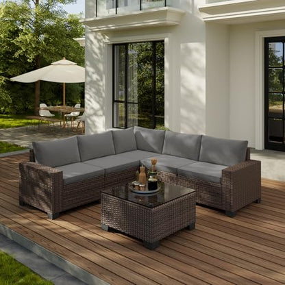 Gizoon 6-Piece Outdoor Patio Furniture Set, PE Wicker Rattan Sectional Sofa