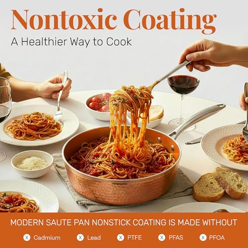 GOTHAM STEEL 4 Qt Saute Pan with Lid, Large Nonstick Skillet for Cooking, 12” Hammered Deep Frying Pan, Family Sized Pans, Ceramic Coating for Sauce, Induction Ready Oven & Dishwasher Safe, Non Toxic