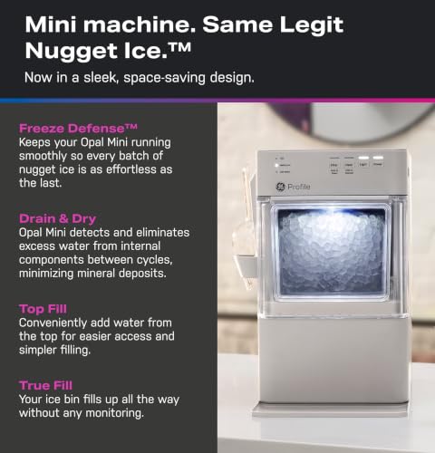 GE Profile Opal Mini Nugget Ice Maker, Portable Countertop Pellet Ice Machine, Soft Chewable Ice, 36 lbs Per Day, Top Fill Water Reservoir, 2 lb Bin, 6 Pack Descaler & Scoop Included, Stone Grey