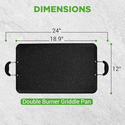 Nutrichef Double Burner Griddle, Non-Stick Stove Top Griddle for Gas Stove, Dishwasher Safe, Heatproof Bakelite Handles, Even Heat Distribution, PFOA & PFOS Free, 20” x 12” x 0.8” Inch (Black)