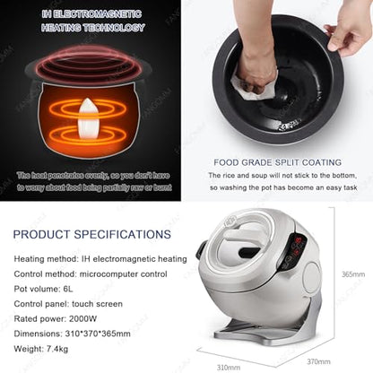 1000W 110V Automatic Cooking Machine - 6L Auto Stir Fry Wok Fried Rice Cooking Machine Electric Induction with Smart Touch 360° Rotating 3D All-round Heating for Stir Frying, Stewing, Cooking